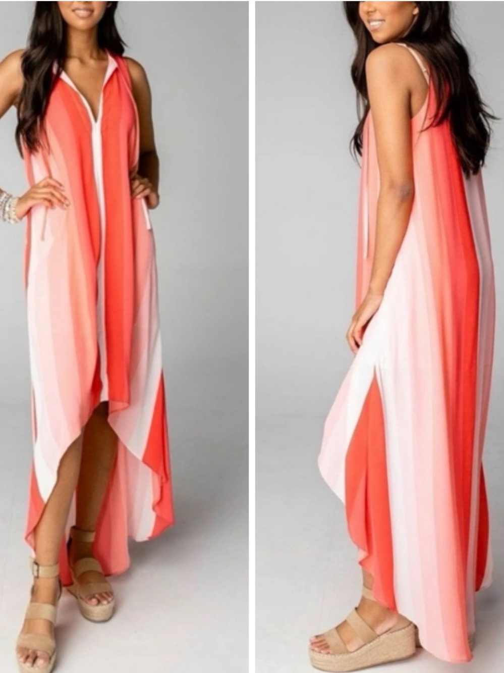 Buddy Love peach and coral striped hi low maxi dress size SMALL